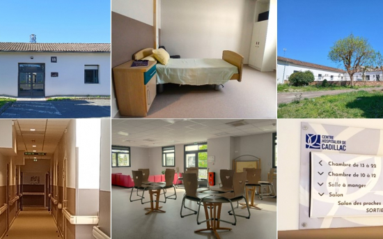 6 images pour illustrer l'unité Camille cluadel du CH de Cadillac, vues de face de l'entrée, d'une chambre particulière,  la cour de loin, couloir de circulation, Panneau de signalisation