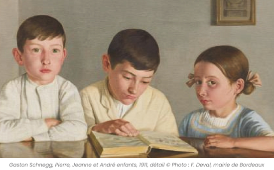 Détail d'une oeuvre représentant  trois enfants en 1911, de Gaston SCHNEGG
