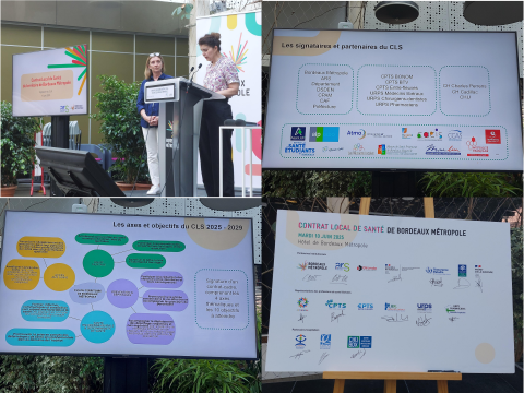 4 photos du déroulement du CLS, 2 intervenantes au micro, 3 présentations d'organisation sur chevalet