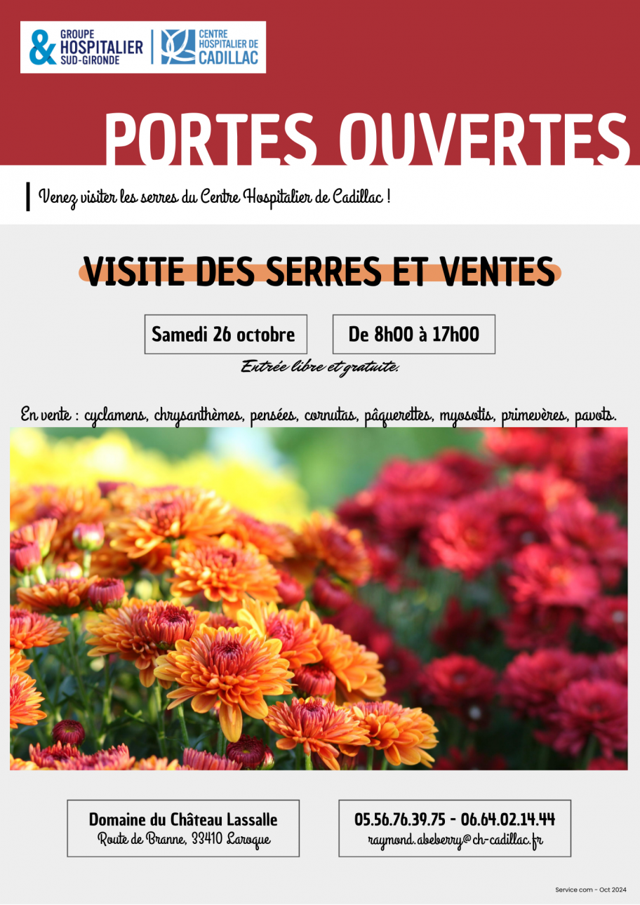 Affiche portes ouvertes le 26 octobre 2024 aux serres du CH de Cadillac