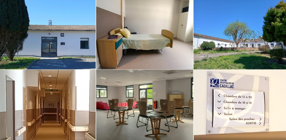 6 images pour illustrer l'unité Camille cluadel du CH de Cadillac, vues de face de l'entrée, d'une chambre particulière, la cour de loin, couloir de circulation, Panneau de signalisation
