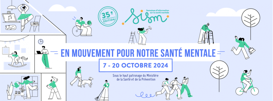 Bannière SISM 2024 "En mouvement pour notre santé mentale"