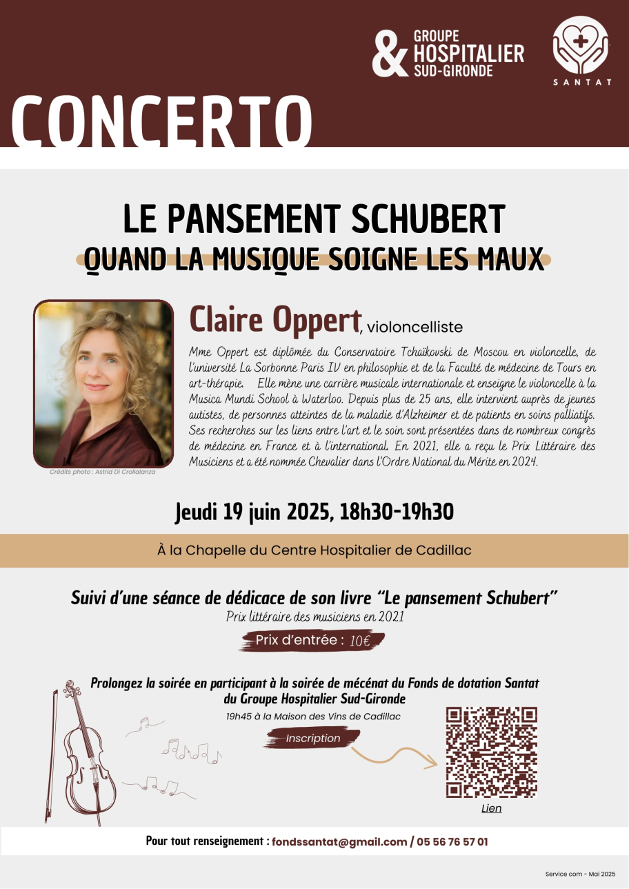 Affiche du concerto de Claire Oppert du 19 juin 2025 à la chapelle du Ch de Cadillac