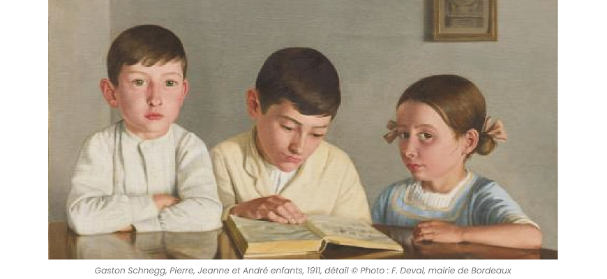 Extrait d'une oeuvre de Gaston SCHNEGG de 1911 représentant trois enfants