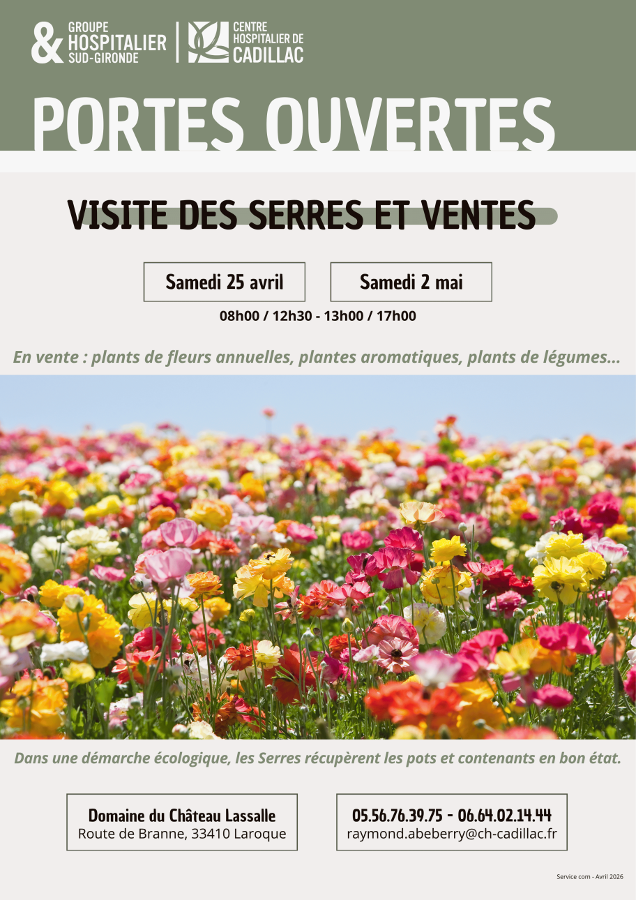 Affiche sur la visiste des serres et la vente de plants de fleurs, de légumes et plantes aromatiques avril mai 2026