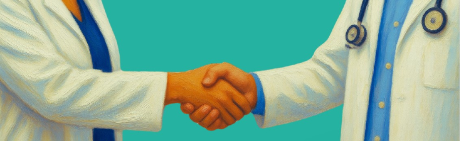 Personnels en blouse qui se serrent la main