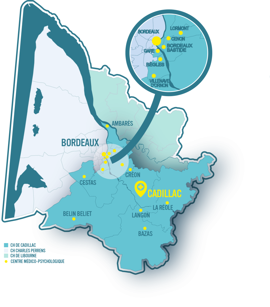 Carte de la Gironde avec le secteur du CH de Cadillac