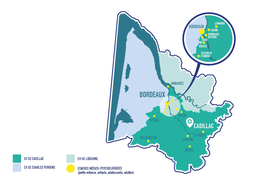 Carte de la Gironde avec le secteur du CH de Cadillac